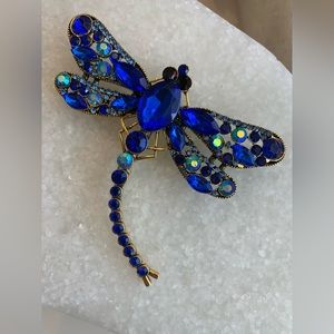 Dragonfly blue gold gem rhinestone brooch